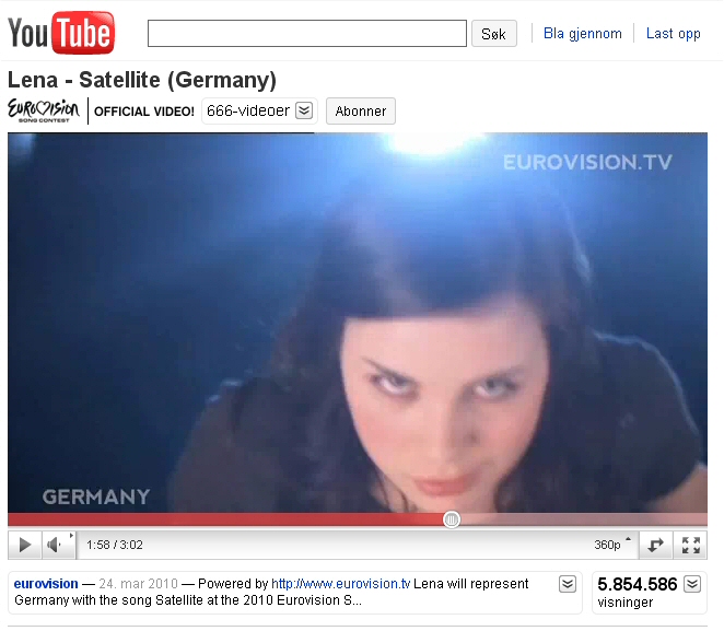 Lena med Satelitte linken viser at Eurovision Song Contest administrasjonen har lagt til 666 videoer i sin YouTube konto…Satelitte ble lagt ut 24. Mars 2010. Vinneren er bestemt for lenge siden?