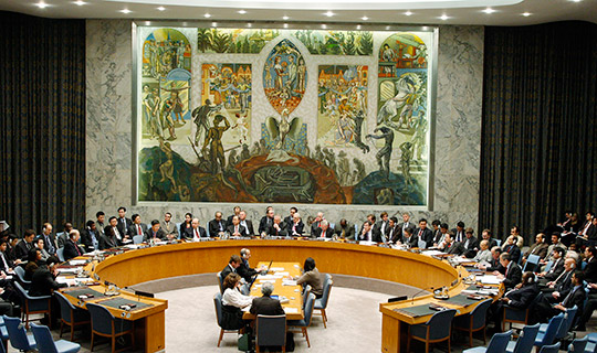 UN Security Chamber. A mural, the painting in the background, a gift from Norway on the incorporation of the UN, by the artist Per Krogh, the Phoenix, a bird able to be reborn every 1400 years
