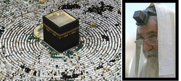 The Cube. To the left the Muslims holy Kaba. To the right a Jewish Rabbi